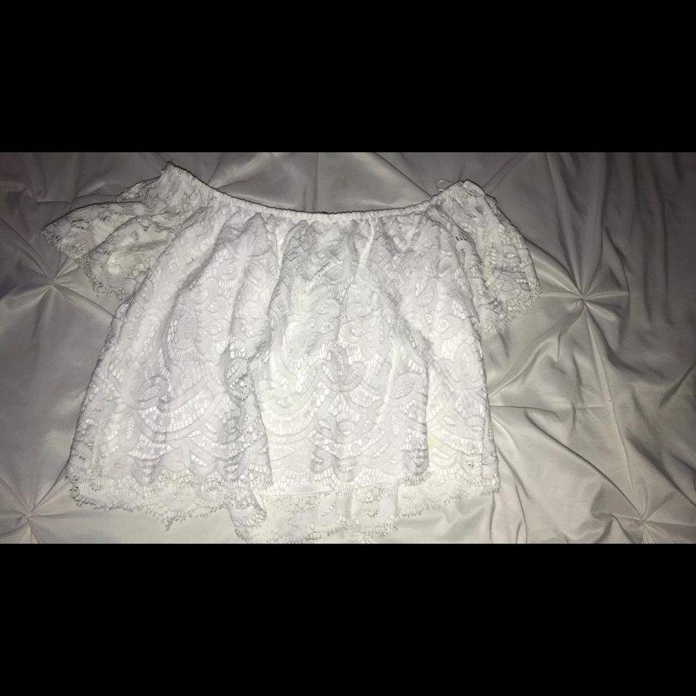 White cropped lace off the shoulder top
